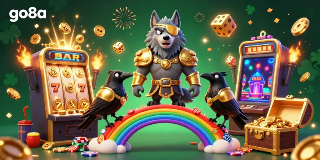Experience the action at go8a with colorful casino symbols and Norse characters in an animated setting.
