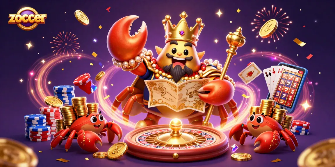 Spin and win at Zoccer Casino with vibrant 3D illustration showcasing an emperor crab surrounded by exciting casino elements.