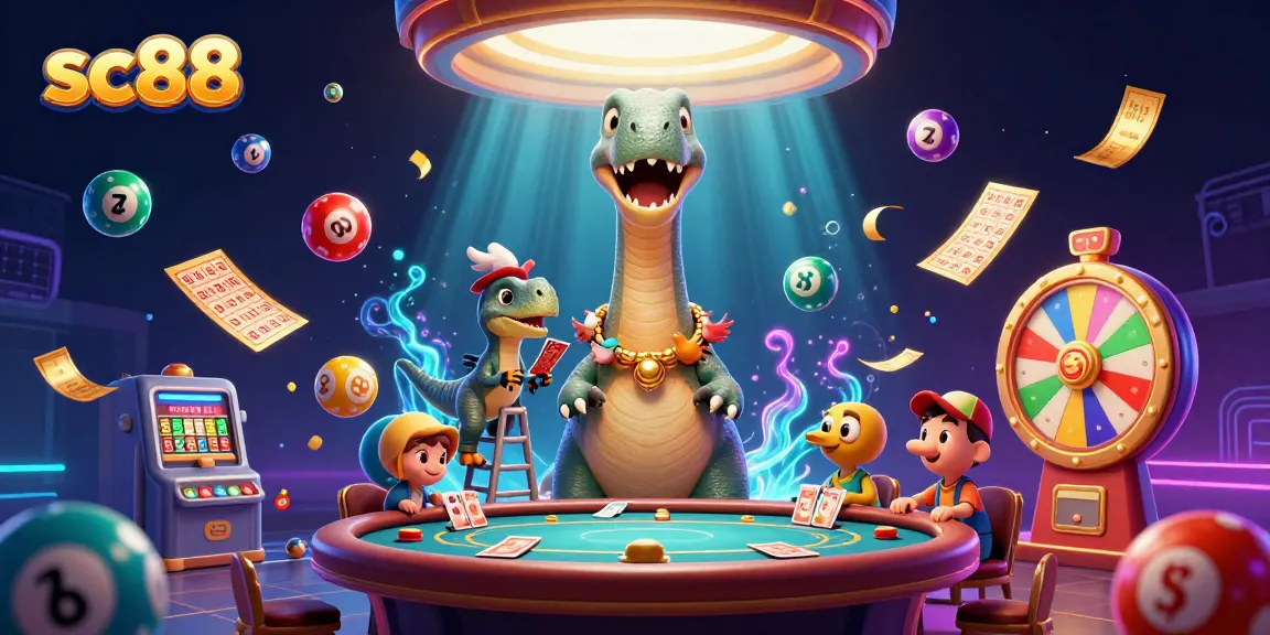 sc88 interactive scene with a brontosaurus at a casino, raptor dealer, and vibrant game elements.