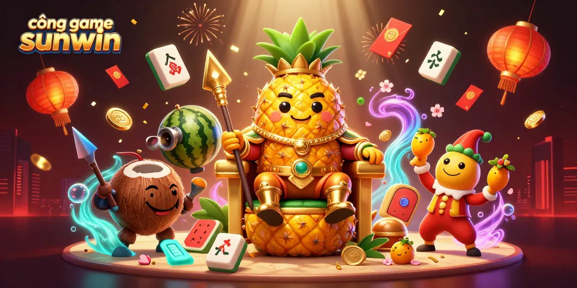 Engage with cổng game sunwin through a vibrant, 3D casino-themed illustration showcasing animated characters and lottery elements.