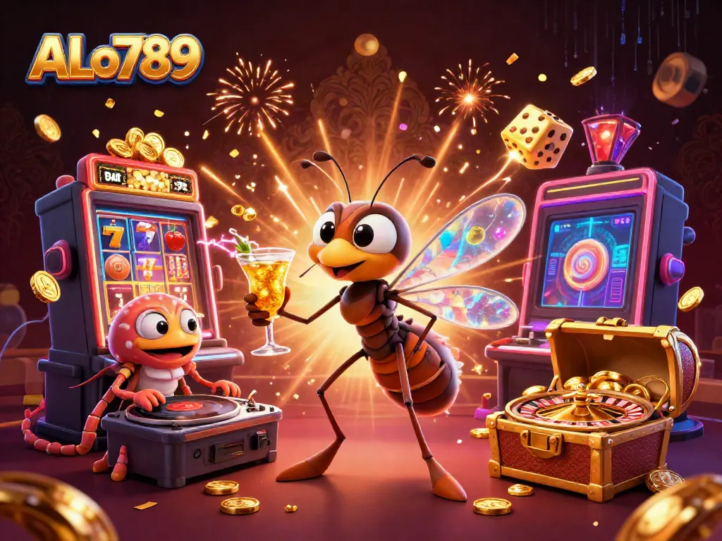 Spin to win with ALo789's exciting casino scene featuring a frozen mosquito mascot and ample gaming elements.