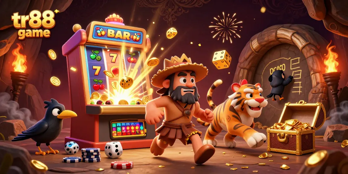 Engage with the thrilling tr88 game in a vibrant prehistoric casino scene bursting with action.