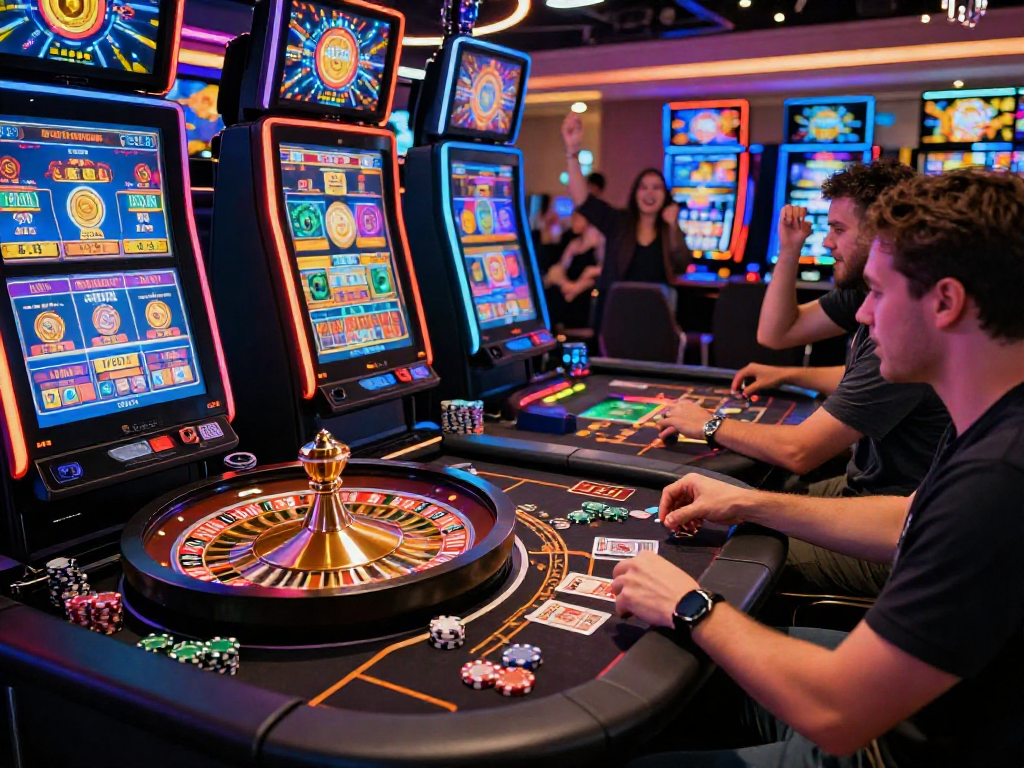 Giocatori di casino non aams in un ambiente vivace, immersi nel gioco.