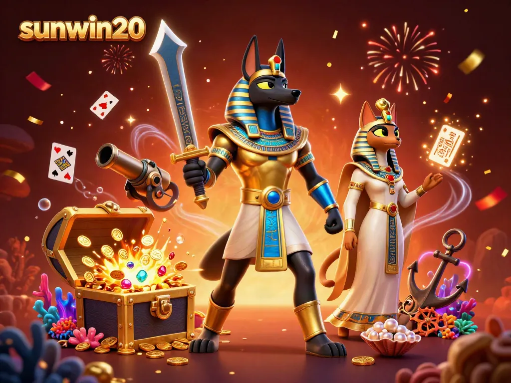 Experience the thrill of playing at sunwin20 with Anubis and Bastet amidst treasure and excitement!