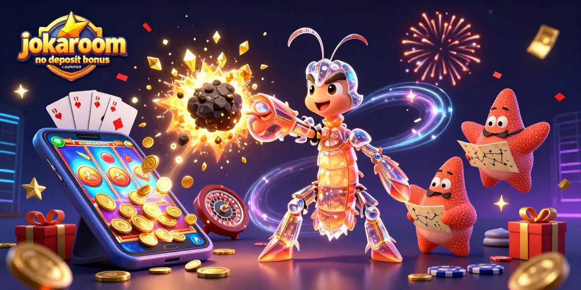Engage with jokaroom no deposit bonus casinos in excitement, featuring vibrant 3D characters and casino elements.