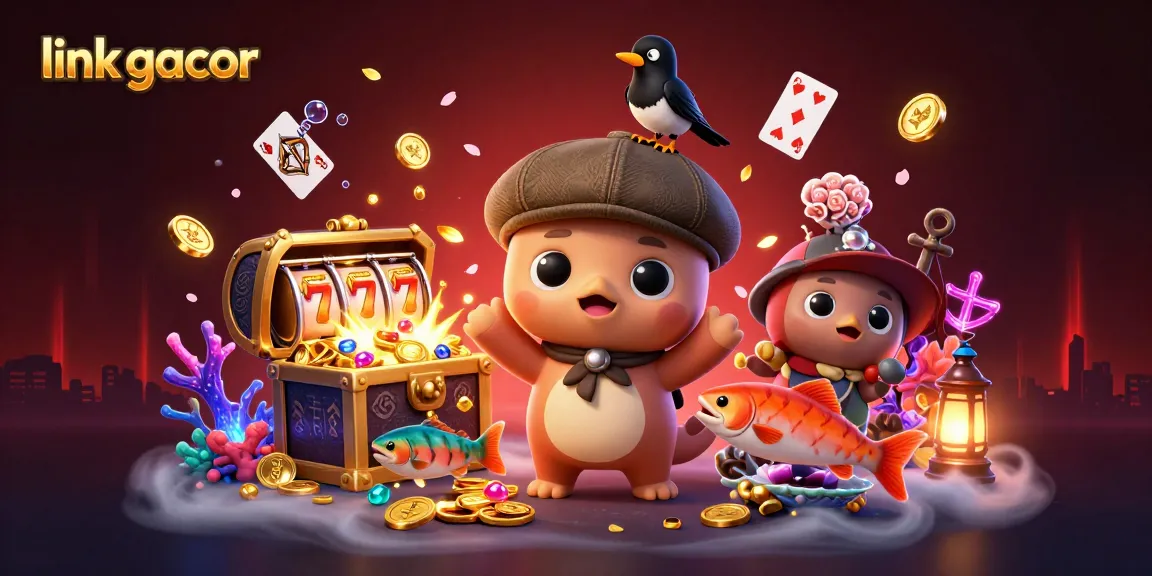 Spin with the allure of link gacor as playful characters and slot game elements blend in a vibrant scene.