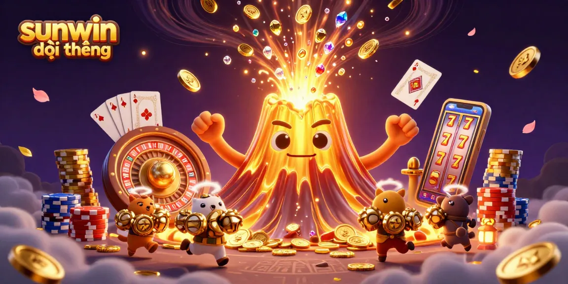 Experience the excitement of sunwin đổi thưởng with a vibrant 3D illustration showcasing a golden volcano and treasures.