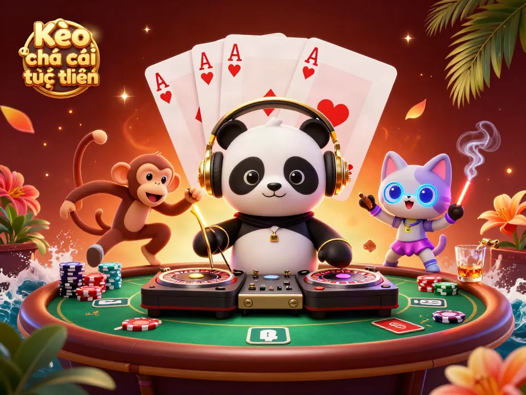 Engage with Kèo nhà cái trực tuyến, showcasing lively casino characters amidst a vibrant scene of poker and gaming.