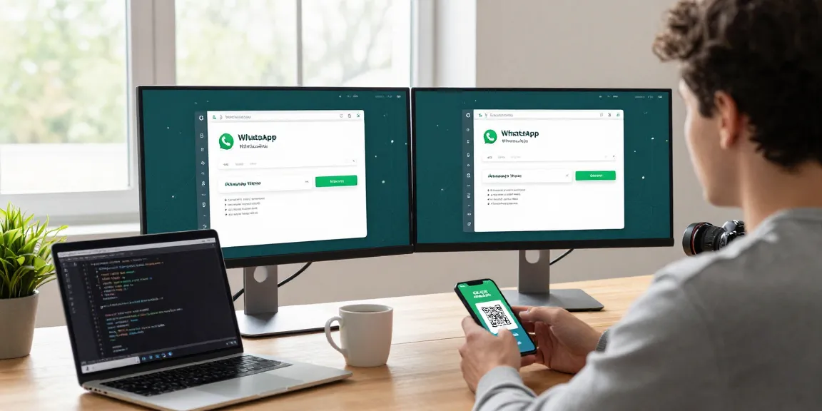 Engaged user navigating WhatsApp網頁版 on dual monitors in a bright office, showcasing efficient digital communication.