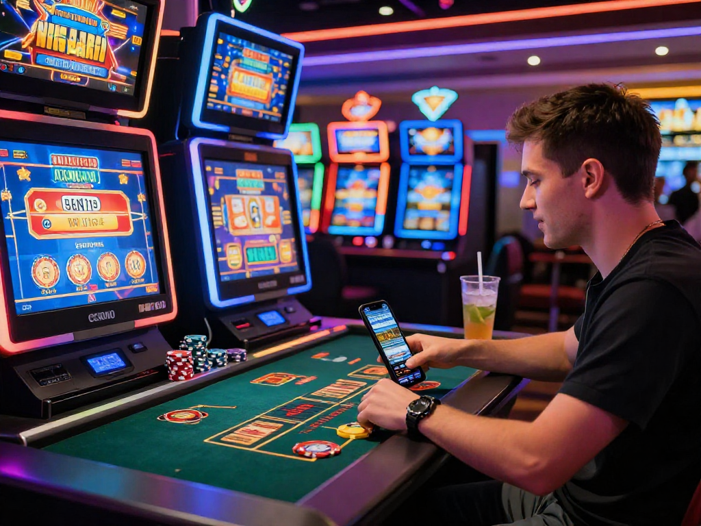 Giocatore entusiasta in un casino non AAMS, immerso in un gioco dal vivo, circondato da luci vivaci e slot machine.