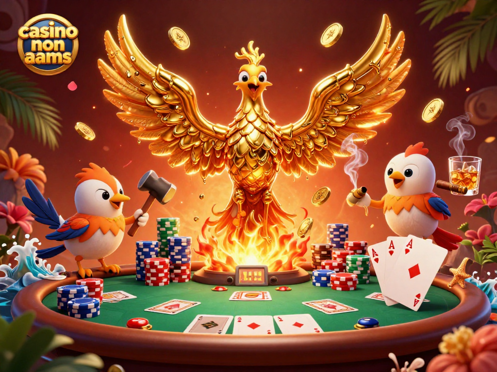 Gioca nei casinò non aams con un phoenix d'oro e una tavola da poker piena di chips e carte.