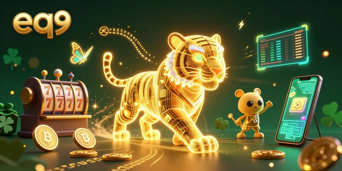 Play at EQ9’s vibrant digital casino with the golden tiger, slot reels, and cryptocurrency coins.