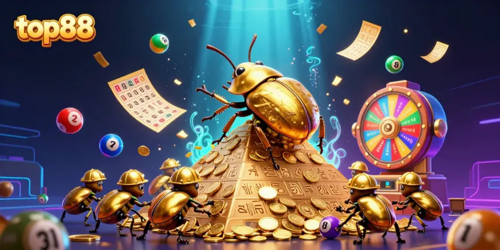 Engage in thrilling gaming at top88 with vibrant symbols, golden coins, and dynamic lottery elements.
