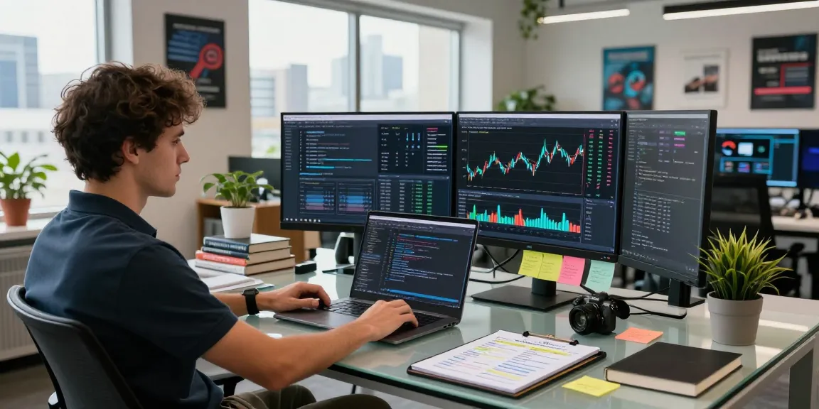 Developer using WebSocket streaming market API for real-time financial data analysis in a modern workspace.