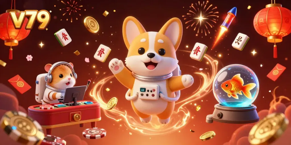 Engage in thrilling gaming action at v79 with the playful astronaut corgi and vibrant casino elements.