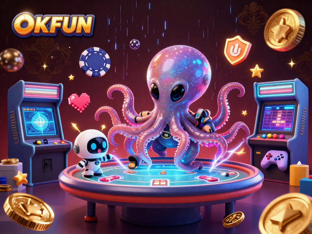 Experience thrilling games at OKFUN with a vibrant scene featuring a cartoon alien octopus and holographic poker.