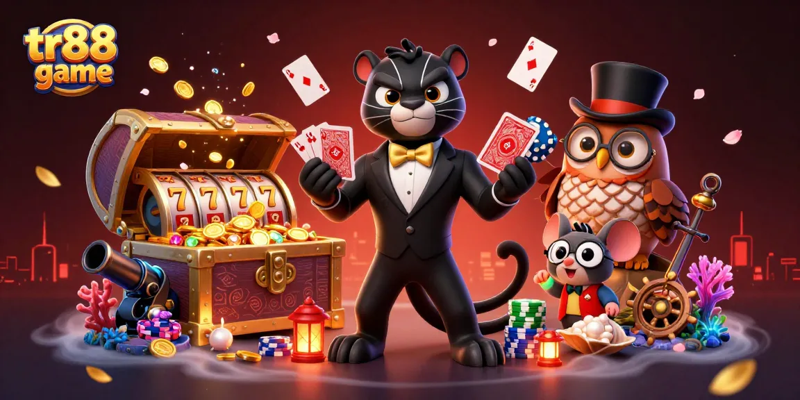 Experience the thrill of tr88 game with a stylish panther dealer and whimsical characters in a vibrant casino scene.