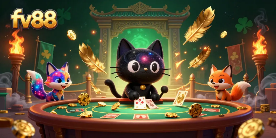 Engage with fv88's dynamic gaming universe featuring a black hole cat and colorful fox at a cosmic casino table.