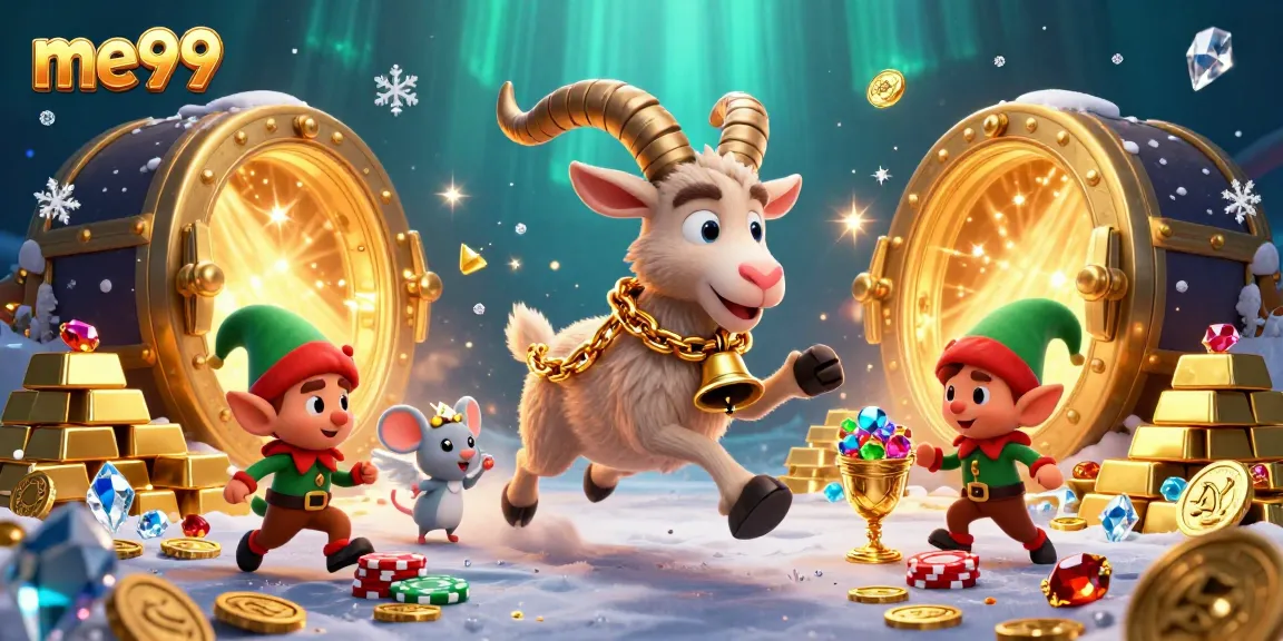 Spin and win at me99, where festive chaos meets thrilling casino action in a vibrant 3D illustration.