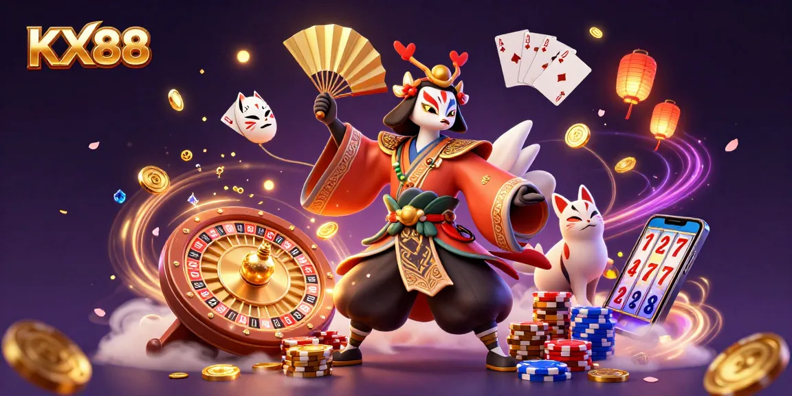 KX88 offers an immersive sports betting experience with kabuki warrior and vibrant casino elements.