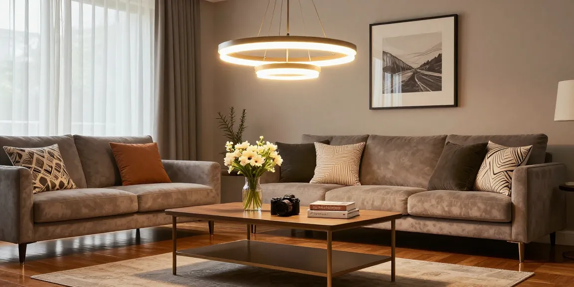 Candelabru living elegant modern în living room, iluminat cald cu design sofisticat.