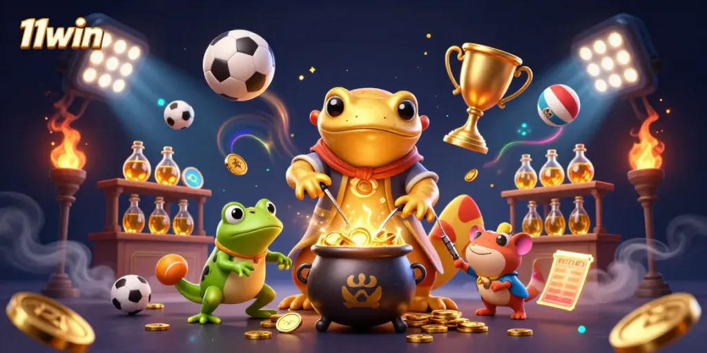 Win big with 11win's exciting casino games as golden coins and sports elements fly around.