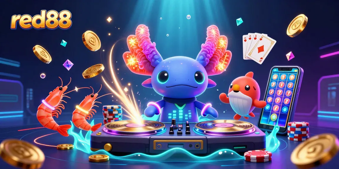 Engage with red88 slots featuring axolotl DJ, shrimp dancers, and vibrant casino elements.