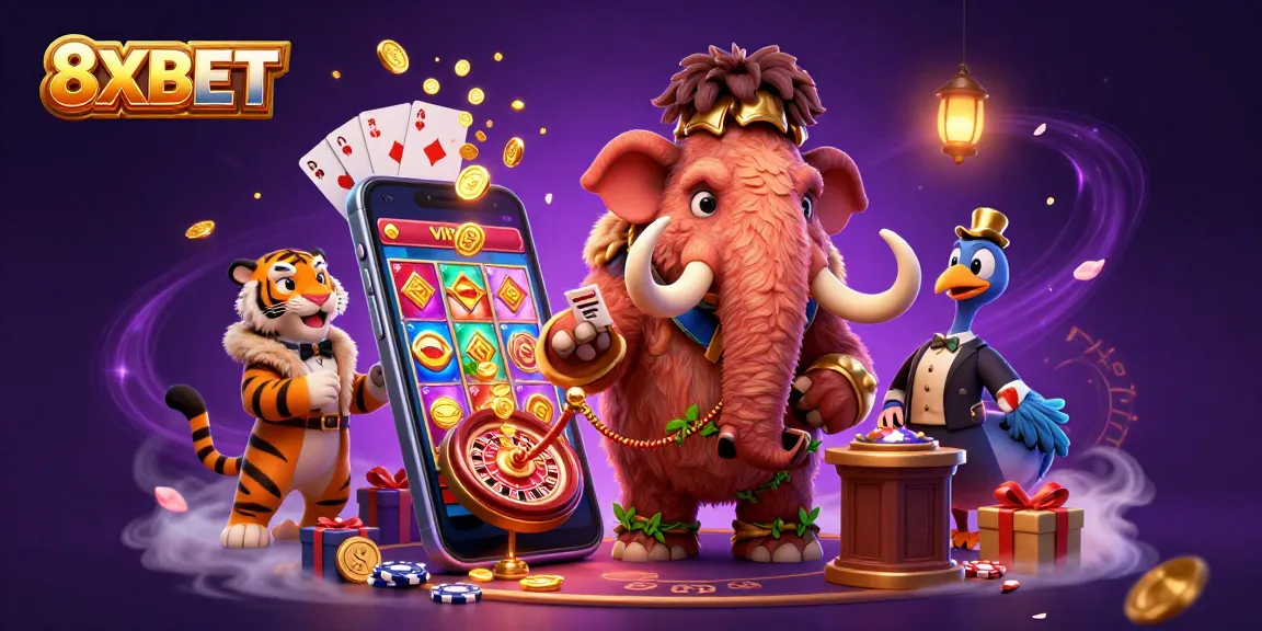 Experience thrilling gaming at 8XBET with a vibrant casino scene featuring cartoon characters and dynamic gaming visuals.