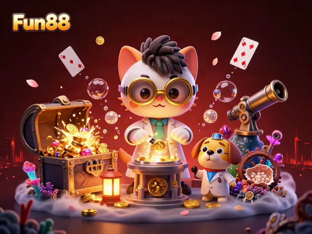 Fun88 captivates players with a vibrant illustration of a mad scientist cat and assistant dog amidst a treasure explosion.