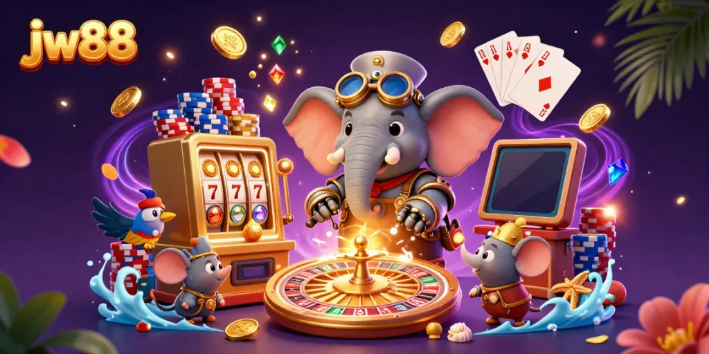 Spin the golden slot machine with jw88, featuring a steampunk elephant engineer amidst sparkling coins and gaming excitement.