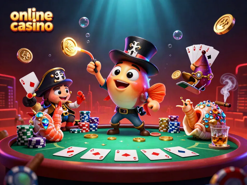 Engage in an online casino adventure with a vibrant underwater scene featuring unique sea creatures and gaming elements.