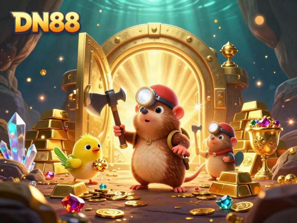 Engage in thrilling gaming adventures with DN88's dynamic treasure hunting scene featuring vivid 3D characters.