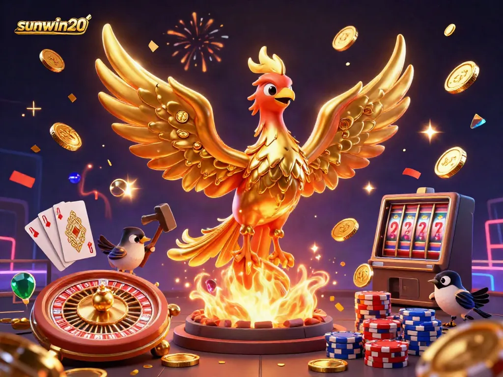 Experience thrilling wins with sunwin20 showcasing a golden phoenix forging coins, casino elements, and festive energy.