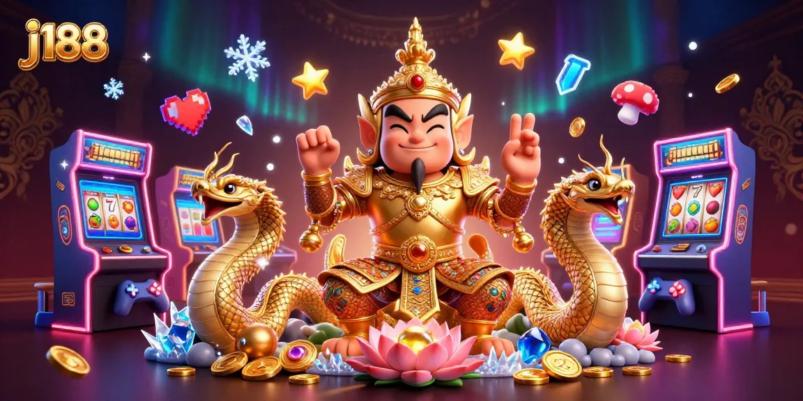 Experience the vibrant excitement of j188, featuring a playful yaksha guardian and rich slot game elements.