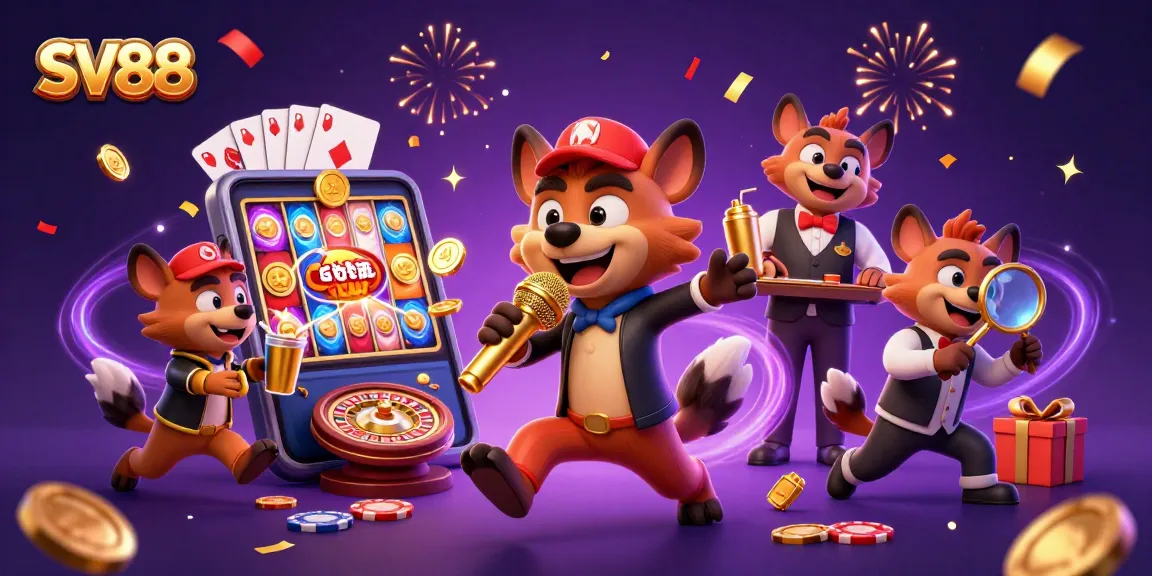 SV88 hyenas perform stand-up comedy in a colorful casino scene with casino games and celebration effects.