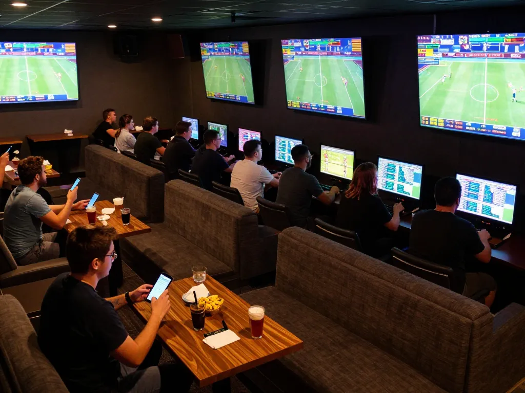 Excited fans engaging in ty le keo nha cai while placing live sports bets in a bustling lounge