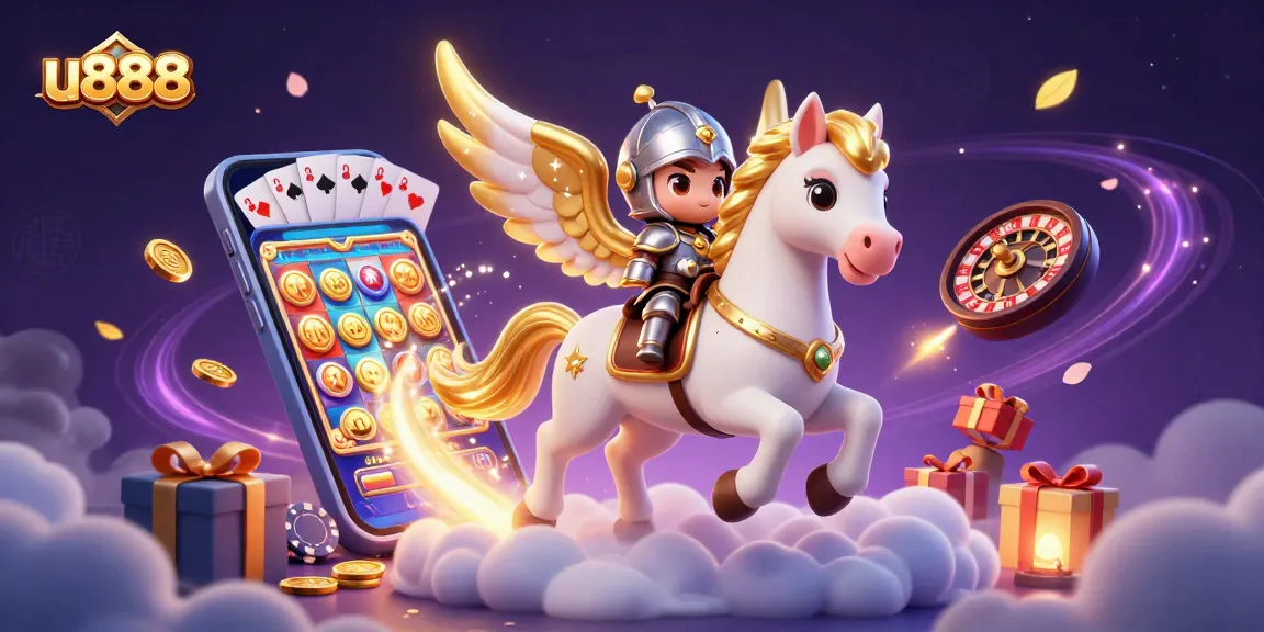 u888 slots and gaming adventure with a celestial horse, dynamic and engaging illustration