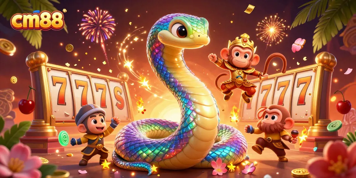 Join the excitement at cm88 with vibrant slot reels and a playful monkey king in an enchanting casino scene.