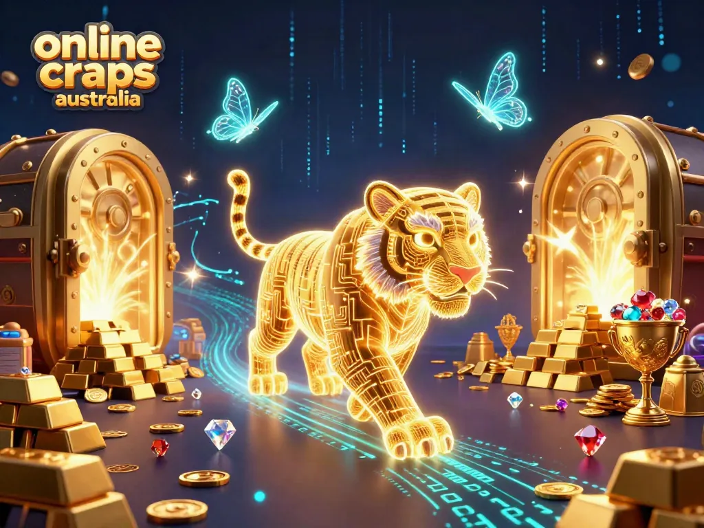 Play exciting online craps Australia in a vibrant 3D digital casino setting filled with treasures.