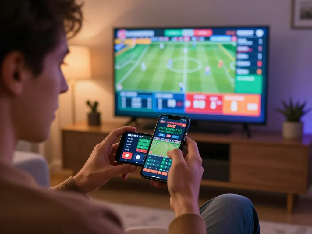 Engaging sports bet placement on smartphone with 888b interface in lively home setting.