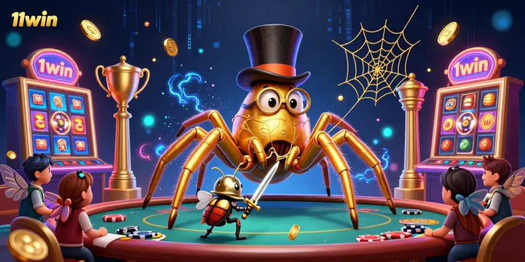Join the action with 11win as a giant golden tarantula spins winning webs in a vibrant, animated casino scene.