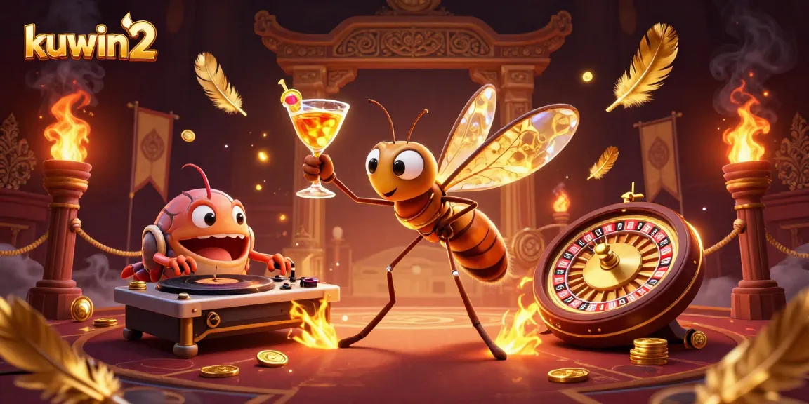 Kuwin2 casino scene with a whimsical mosquito mascot, trilobite DJ, and golden roulette wheel designed for interactive gaming.