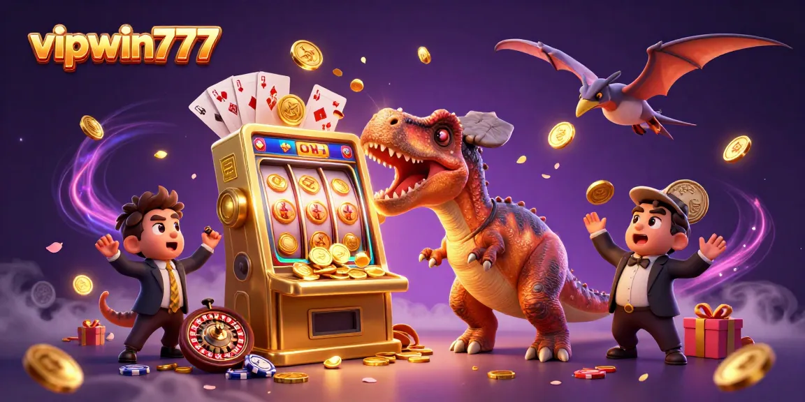 Experience the excitement of vipwin777 as a dinosaur wins with a golden slot machine, surrounded by flying coins and casino elements.