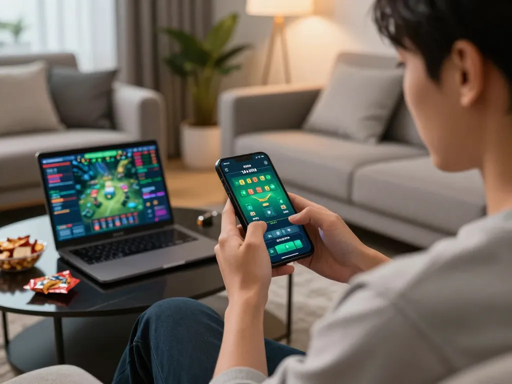 Engaging in tài xỉu online gaming on a smartphone in a stylish living room.
