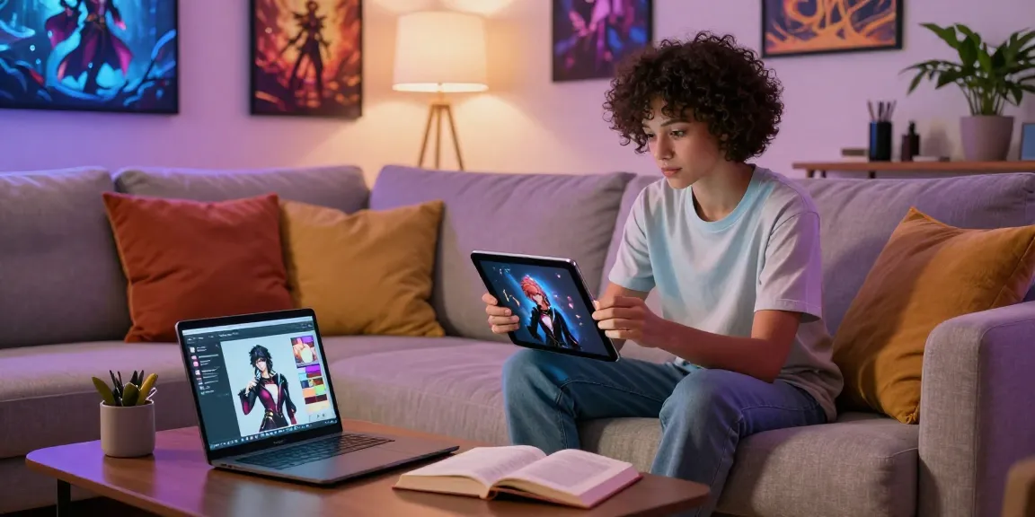 Interactive scene of a user engaging with nsfw character ai on a tablet in a cozy setting.