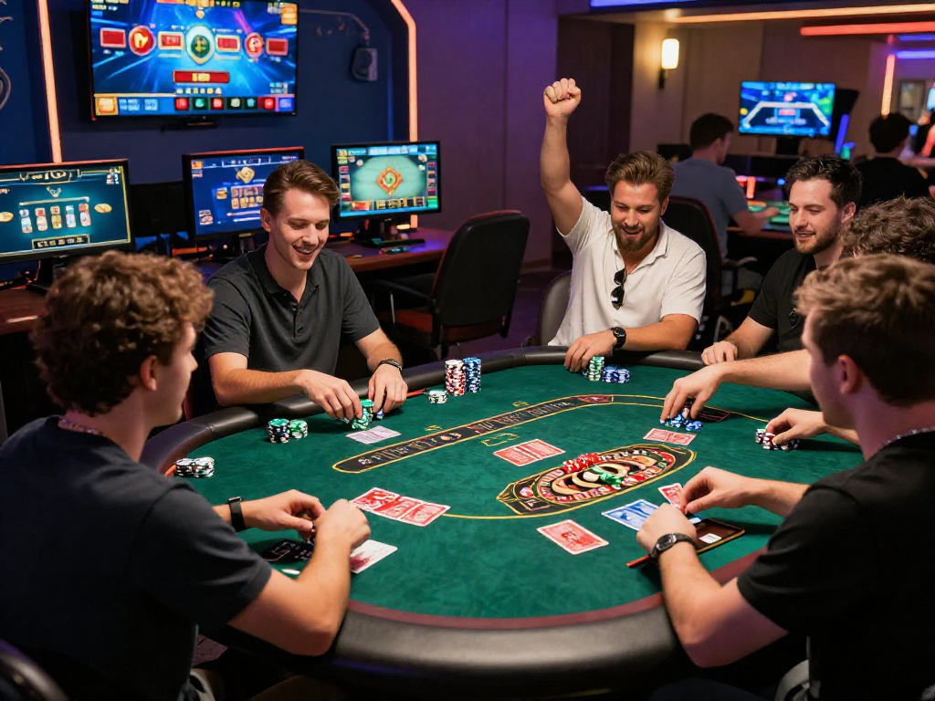 Giocatori d'azzardo felici in un casino non AAMS online, atmosfera vivace e coinvolgente.