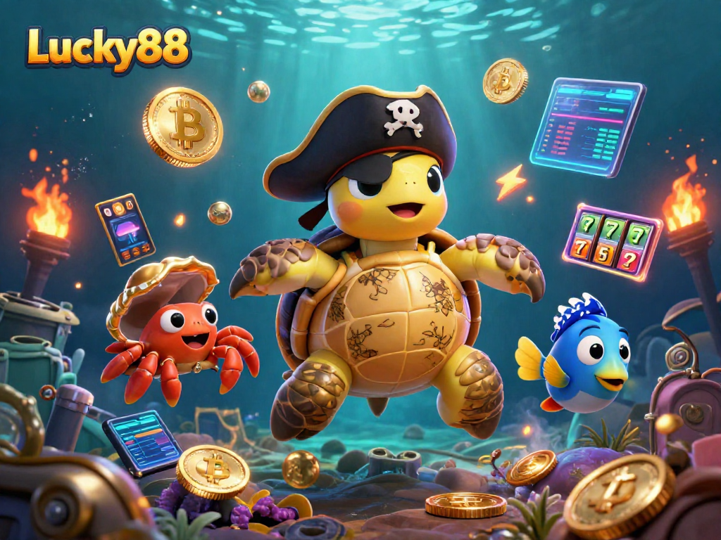 Engage with Lucky88's vibrant underwater world, featuring a cartoon pirate turtle and shiny coins.