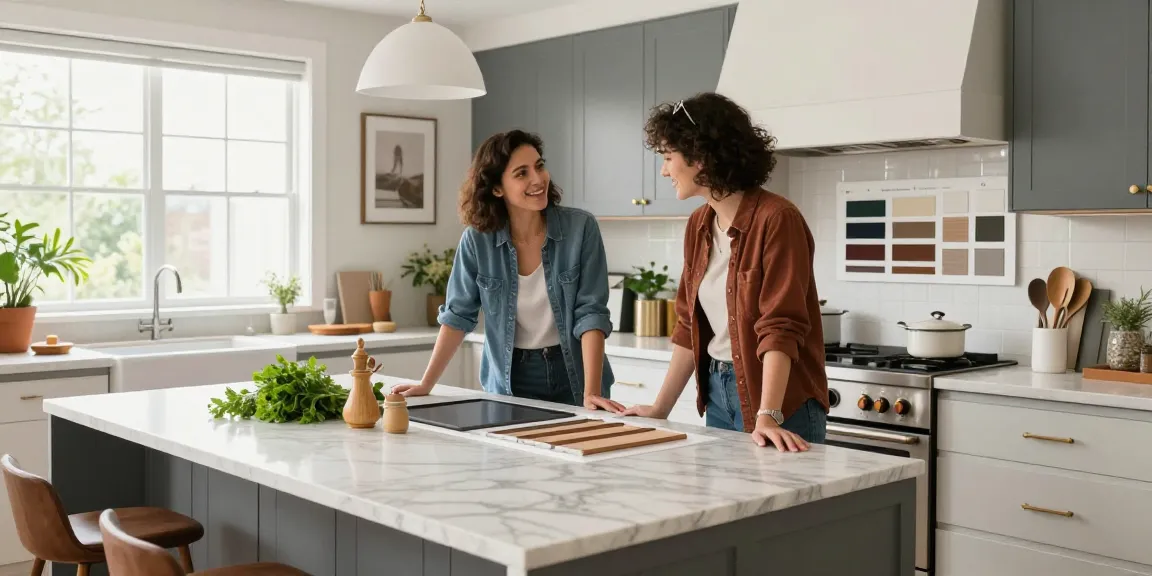 Stylish kitchen renovation scene showcasing elegant countertops and a designer at work.