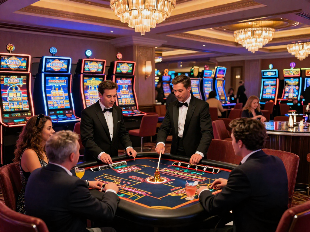 Atmosfera di un casinò non AAMS con giocatori entusiasti al tavolo della roulette, luci brillanti e design elegante.