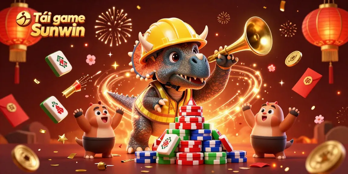 Tải game Sunwin with a vibrant scene of anthropomorphic dinosaurs building poker chip pyramids and celebrating, surrounded by festive elements.
